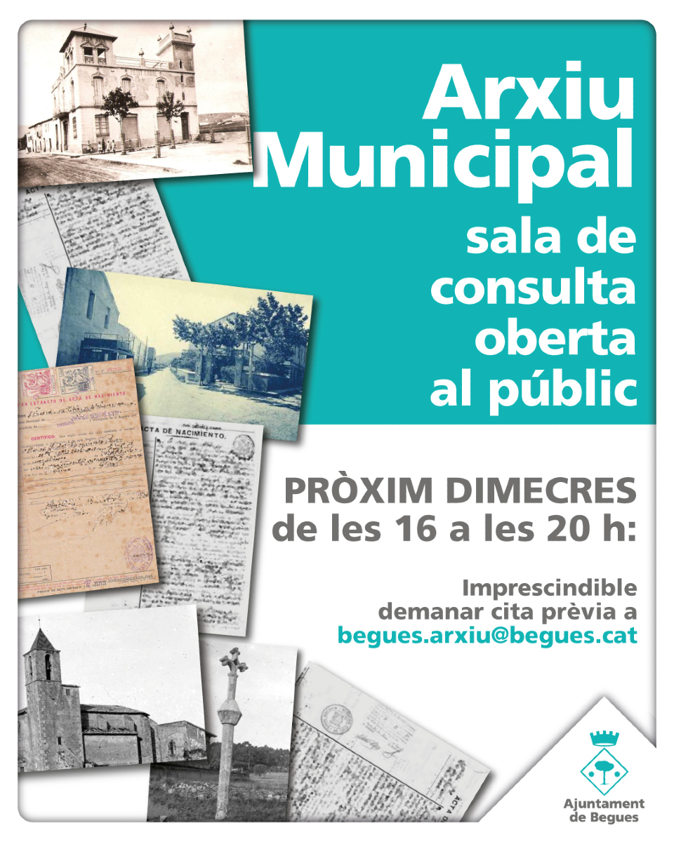 ajbegues's tweet photo. 📚 El 30 de setembre obrirà al públic la sala de consulta de l'Arxiu Municipal de #Begues, de 16 h a 20 h.
🗄️ Si necessites fer-ne ús, reserva plaça a 📬 begues.arxiu@begues.cat. https://t.co/gRtSR3gn8b