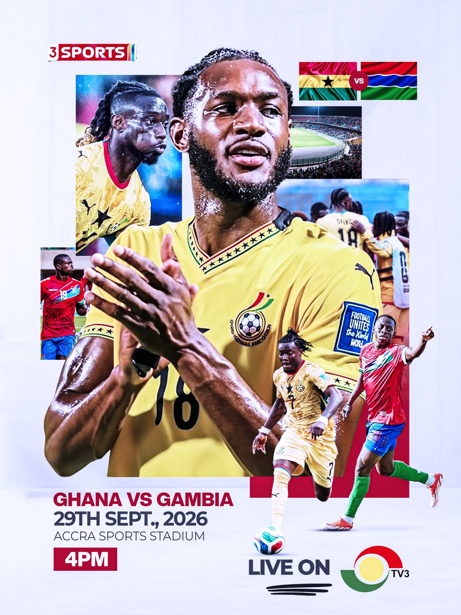 OtiAdjei's tweet photo. We are heavy on Ghana versus Gambia later today at the Accra Sports Stadium. The match is live on @tv3_ghana from 3 p.m. Kick off is at 4 p.m. https://t.co/EpwKYffMJE