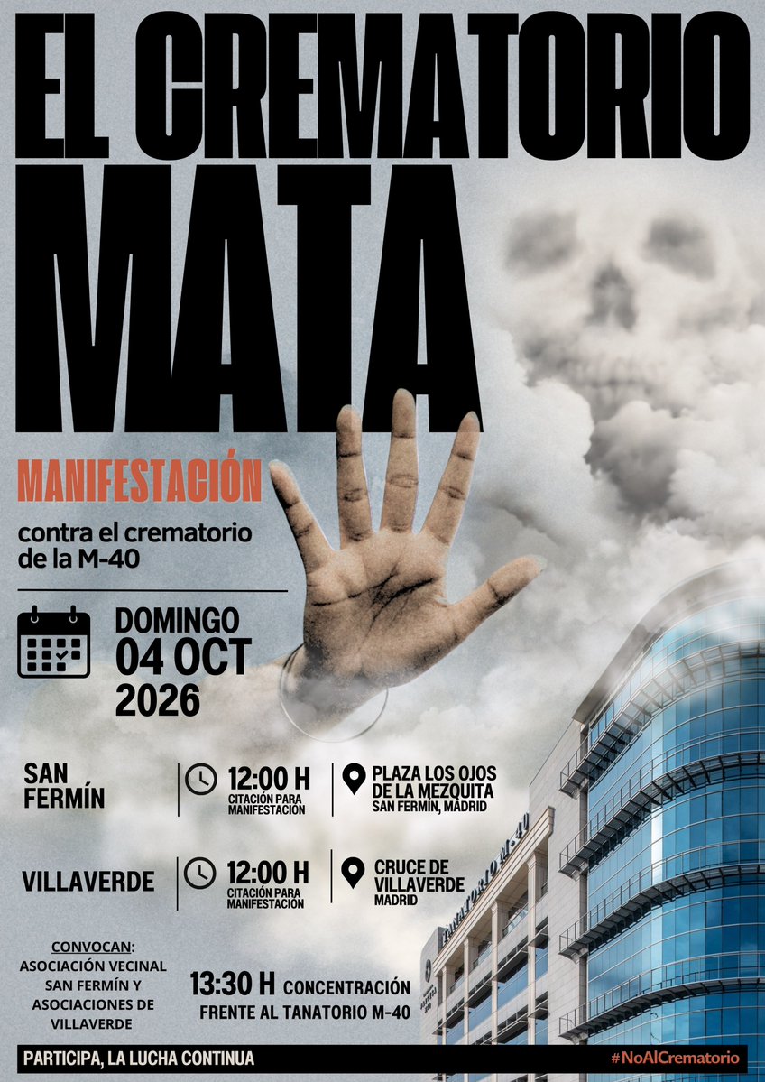 psoe_usera's tweet photo. ⚠️NO AL CREMATORIO M-40⚠️

📢NUEVA MANIFESTACIÓN 📢

🗓️ DOMINGO 4 DE OCTUBRE 
⏰12:00h

Recorridos desde #Usera y #Villaverde hasta el tanatorio M-40.

Los y las socialistas vamos a seguir luchando contra este #Madrid en venta de @AlmeidaPP_ e @IdiazAyuso.

💪🏼✊🏼¡LO VAMOS A PARAR! https://t.co/NcqtoQaY0C