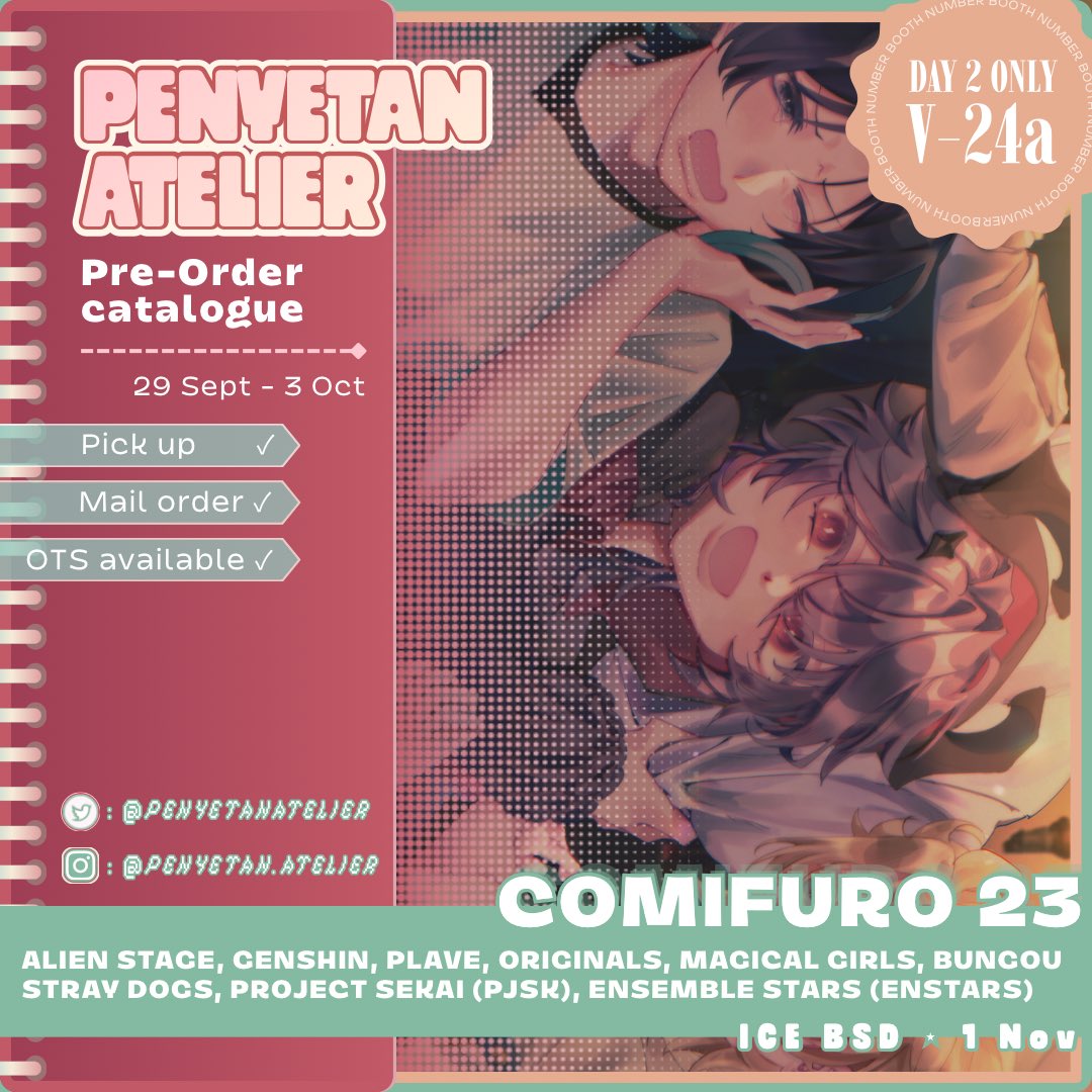 penyetanatelier's tweet photo. [1/4] ❤️&amp; 🔁 appreciated

penyetan atelier #CF23 PO is open!

V-24a | Sunday Only
🗓️ : 29 sept - 3 oct 2026 3PM
🛒Pick up &amp; mail order
✨ ALNST, ZOMST, Genshin, Plave, Original, Magical Girls, BSD, PJSK, Enstars

🔗 PO form &amp; more information below

#comifuro23 #cf23catalogue https://t.co/IlFYOwd6oc