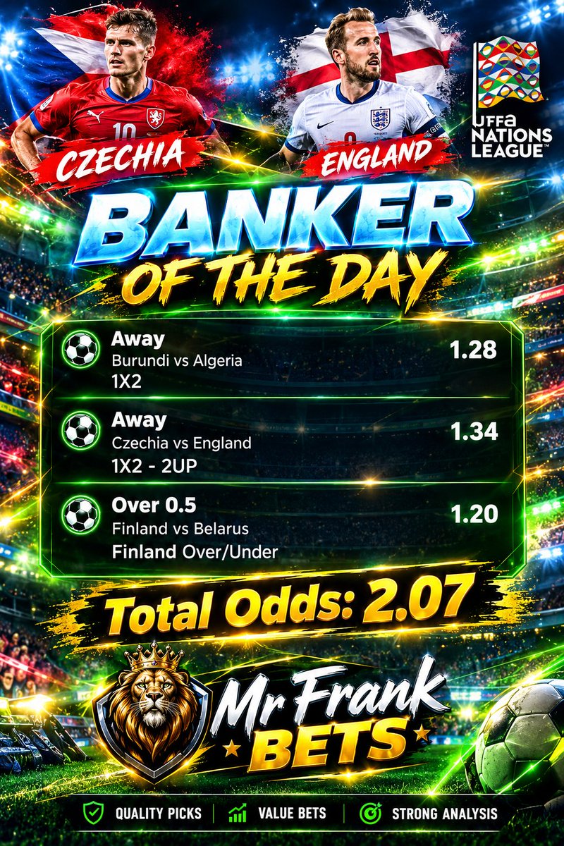 MrFrankBets's tweet photo. 🏦 𝗕𝗔𝗡𝗞𝗘𝗥 𝗢𝗙 𝗧𝗛𝗘 𝗗𝗔𝗬 🏦

⚽️ ALGERIA WIN
⚽️ ENGLAND 2UP
⚽️ FINLAND OVER 0.5 GOAL

📊 TOTAL ODDS: 2.07 https://t.co/vFICemguGd