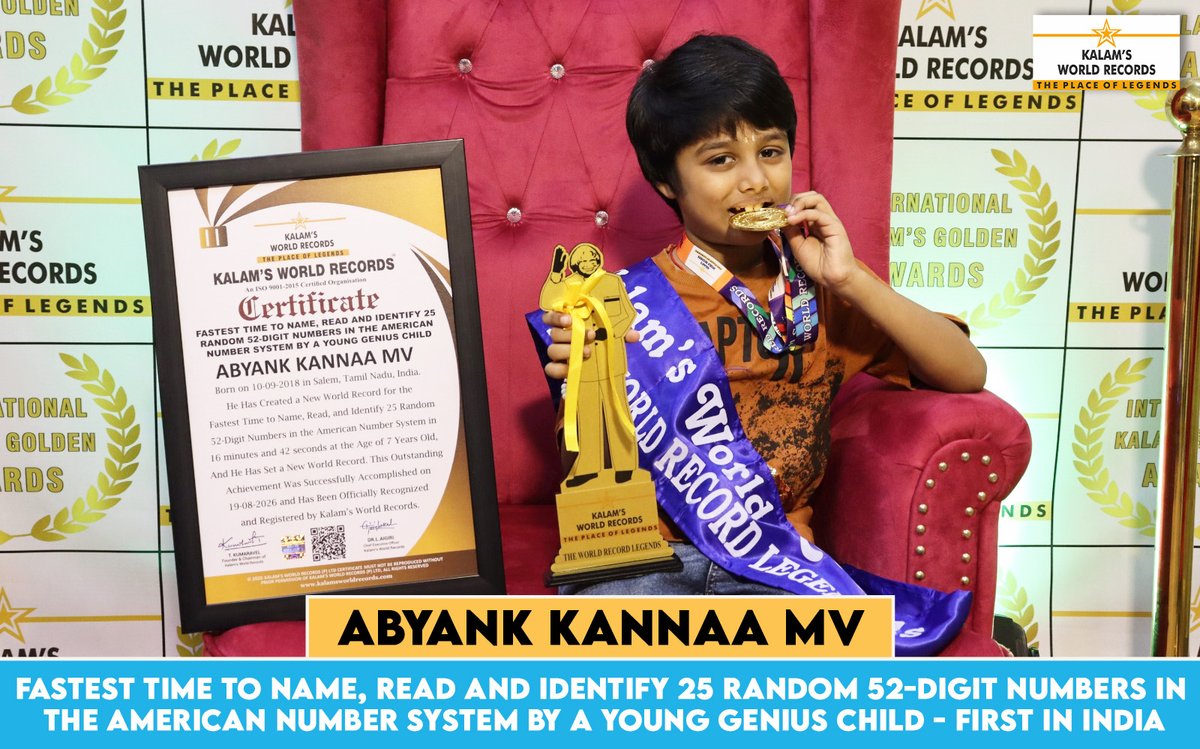 K_B_O_R's tweet photo. Fastest Time to Name, Read and Identify 25 Random 52-digit Numbers in the American Number System by a Young Genius Child - First in India
👏 Congratulations Abyank Kannaa MV!
#numberrecitation #americannumbersystem #mathgenius https://t.co/sNvixNLDNl