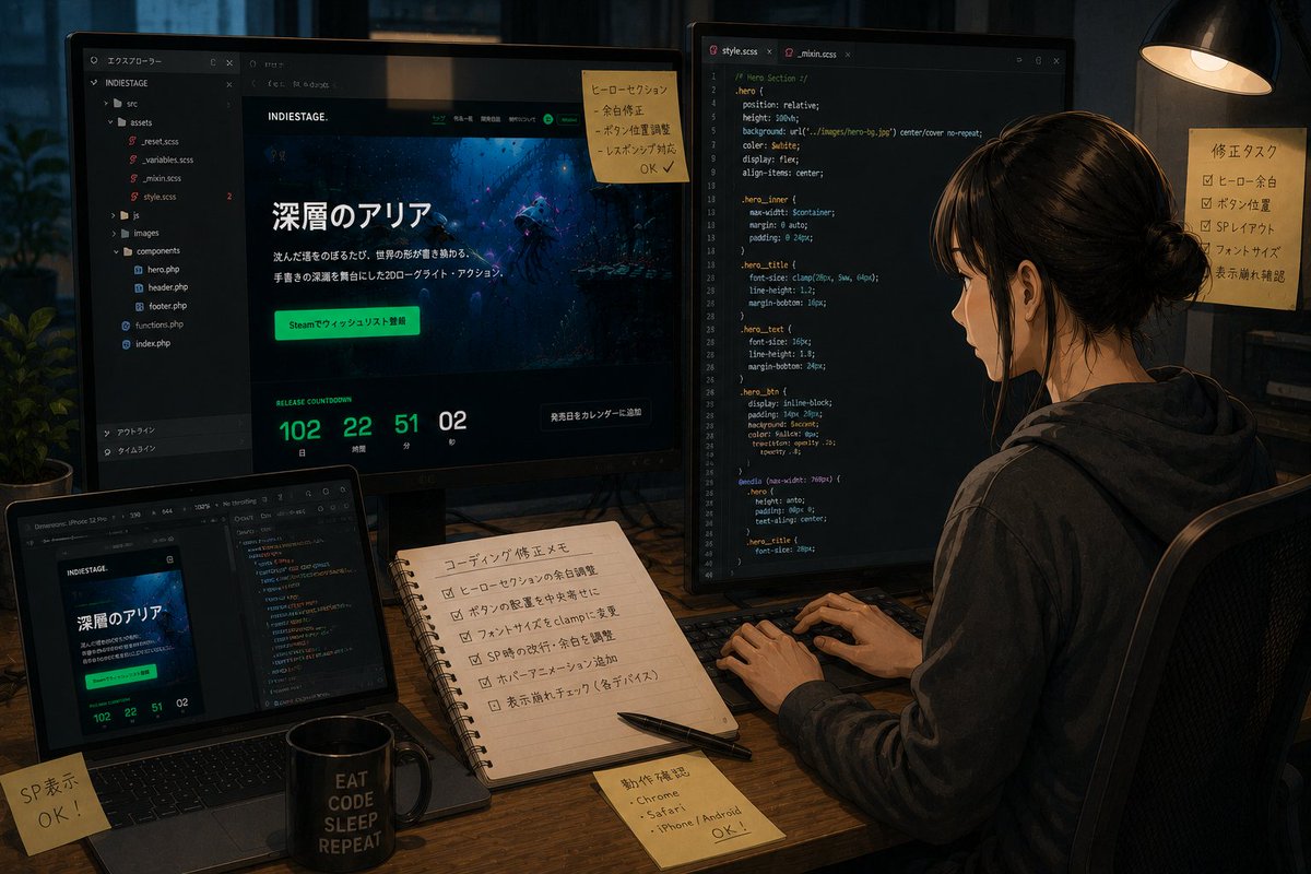 Flatto_web's tweet photo. 開発中の #インディーゲーム ・ #同人ゲーム 開発者向けの #WordPressテーマ のテストサイト実装。実機での確認をしたら、無料��の配布する準備をしていきます。
季節の移り変わりもあり、風邪に気を付けたいです( ｀ー´)ノ

#ジェンダーレス男子 #WEB制作 #WEBデザイン #indieGameDev #DevLog https://t.co/Oi5K9Jx9in