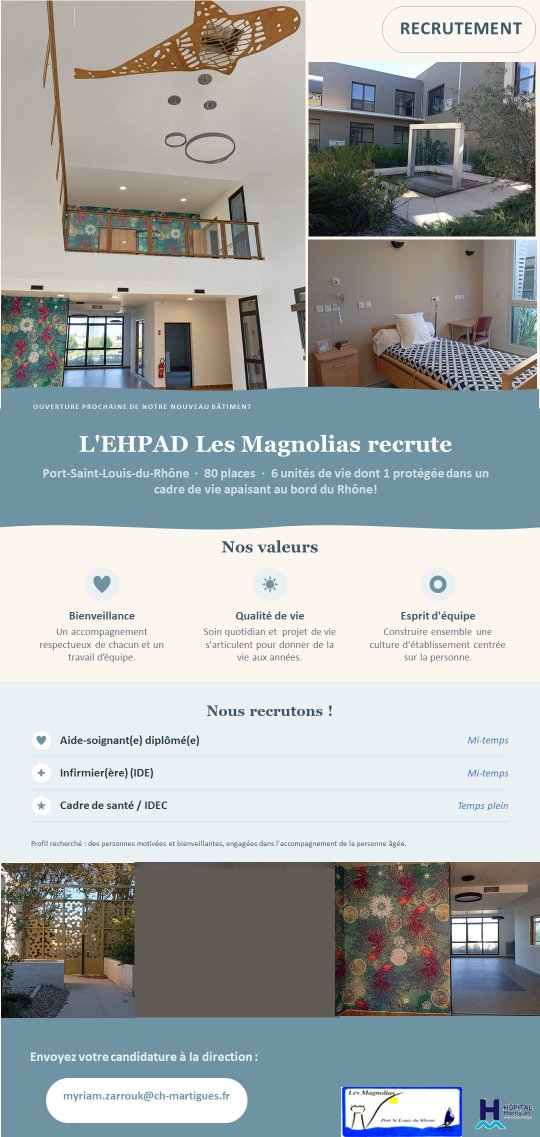 CHMartigues's tweet photo. 🌿 L'EHPAD Les Magnolias recrute !
Dans le cadre de l'ouverture prochaine de son nouveau bâtiment à Port-Saint-Louis-du-Rhône, l'EHPAD Les Magnolias recherche de nouveaux professionnels pour accompagner nos futurs résidents

📩 Pour postuler :
myriam.zarrouk@ch-martigues.fr https://t.co/xqtBXo0Tzp