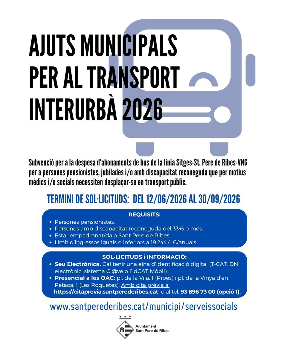 santperederibes's tweet photo. 🚍 AJUTS MUNICIPALS PER AL TRANSPORT INTERURBÀ 2026
❗DEMÀ, ÚLTIM DIA!
📆 del 12 de juny al 30 de setembre
ℹ️ https://t.co/6sDbUiTE4Q
#SPRibes
1/3 https://t.co/djoFvOPCyH