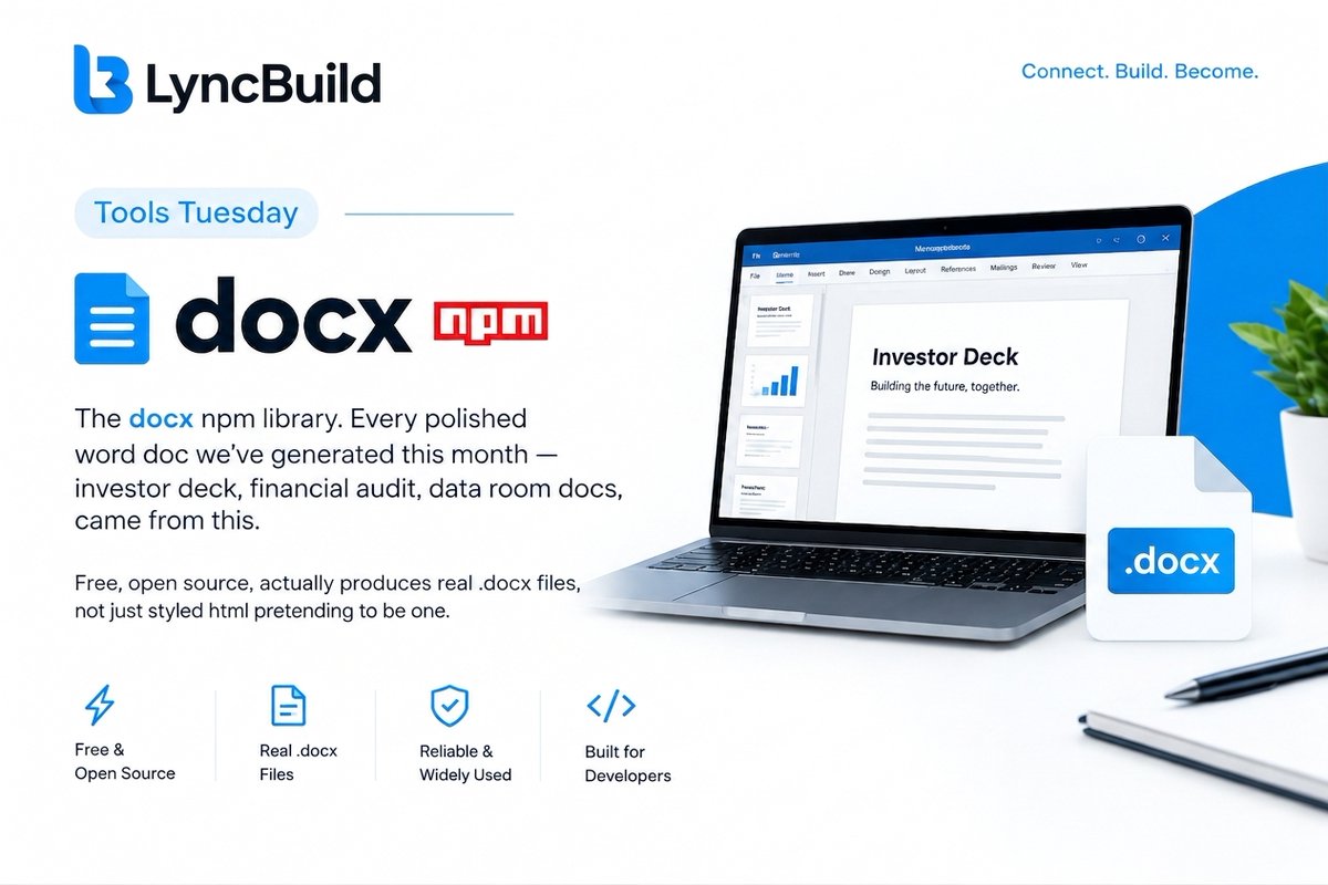 Lyncbuild's tweet photo. The tool behind every polished document we've shipped this month: docx, a free open-source library that generates real word files, headers, tables, page numbers, all of it.
#ToolsTuesday #StartupTools https://t.co/oMWnuBMTiw