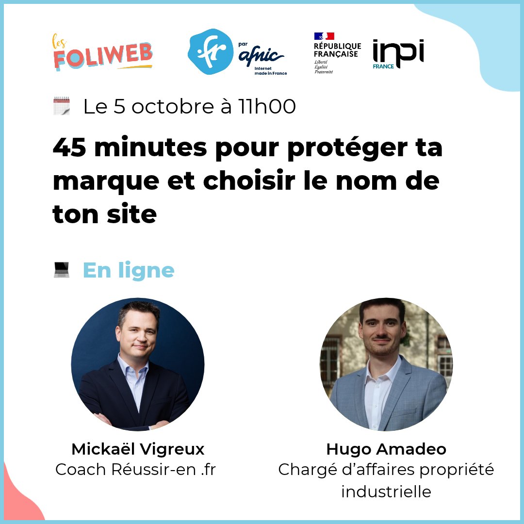 INPIFrance's tweet photo. 🗓️Webinaire les @Foliweb sur la protection de sa marque et le choix de son nom de domaine.

Vous avez une idée de nom pour votre projet ou votre entreprise ? Vous souhaitez créer un site internet et sécuriser votre identité en ligne ? 

Dans ce webinaire, l'@AFNIC et  l'INPI vous donnent les clés pour sécuriser votre activité dès le départ.

Inscriptions : https://t.co/loTbMWClAt