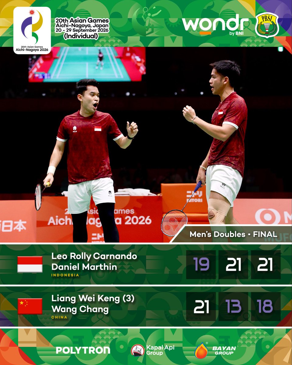 INABadminton's tweet photo. Leo/Daniel persembahkan medali emas untuk Indonesia 😭🔥❤️‍🔥

LUAR BIASAAA!!! MENYALAAA!!! 👊🏻🏸🇮🇩

#BadmintonIndonesia #AsianGames2026 https://t.co/tTxRSNWrNV