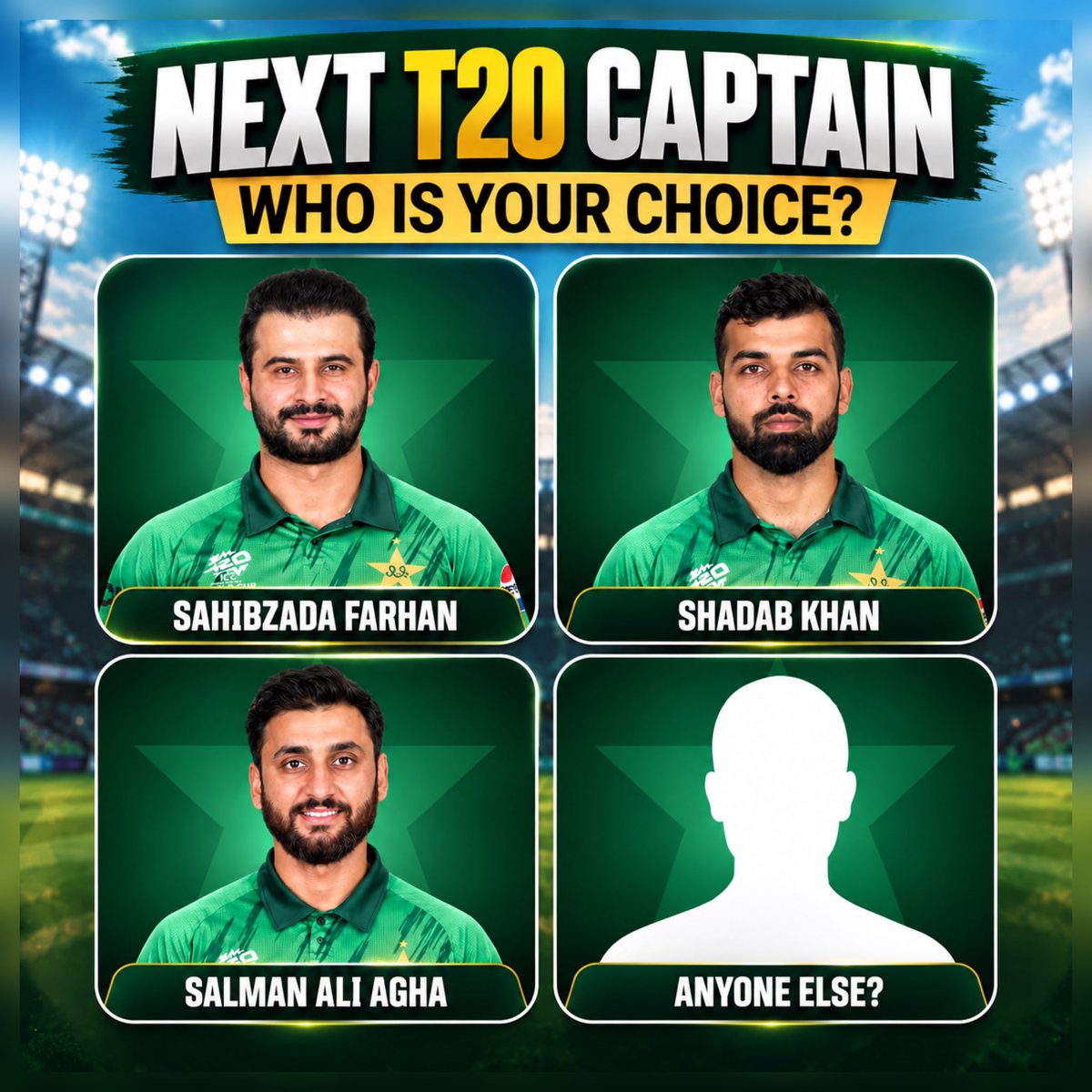 abubakartarar_'s tweet photo. Who is your pick as next T20 Captain of Pakistan❓ https://t.co/3kmEfZ0vWv