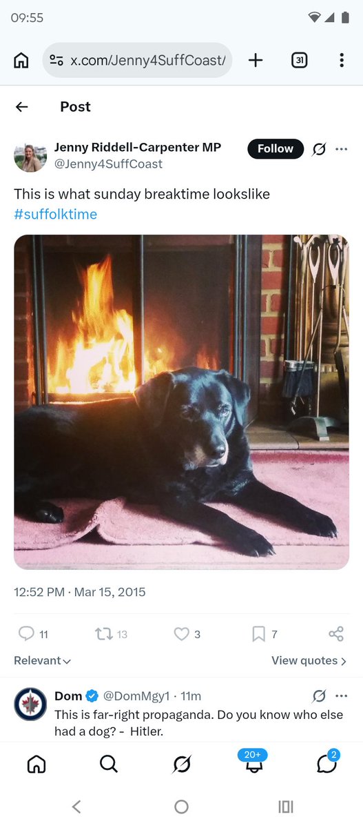 SandyofSuffolk's tweet photo. So Jenny Riddell-Carpenter @Jenny4SuffCoast Labour MP for Suffolk Coastal has made herself look a right idiot by saying pubs, warm beer and black labradors are not quintessentially English - they're the domain of the far right.

Here's Jenny in a quintessential English pub in her constituency with her black labrador.  Is she now far right? Or just a soppy hypocrite?

I'll go for hypocrite, bearing in mind her interview with Wayne Bavin on BBC Radio Suffolk a couple of years ago when she said she'd put her constituents before party.  Then, when elected, voted to remove pensioners' winter fuel payments. She also voted against the many farmers in her constituency by backing the Family Farms Tax.

Jenny is a hypocrite.  She's also a champagne socialist, living in well to do Woodbridge, which is predominantly white, English and is representative of everything still quintessentially English.  Or far right as she calls it.  

And like all champagne socialists, she has a second home.  In France. 🙄😬
