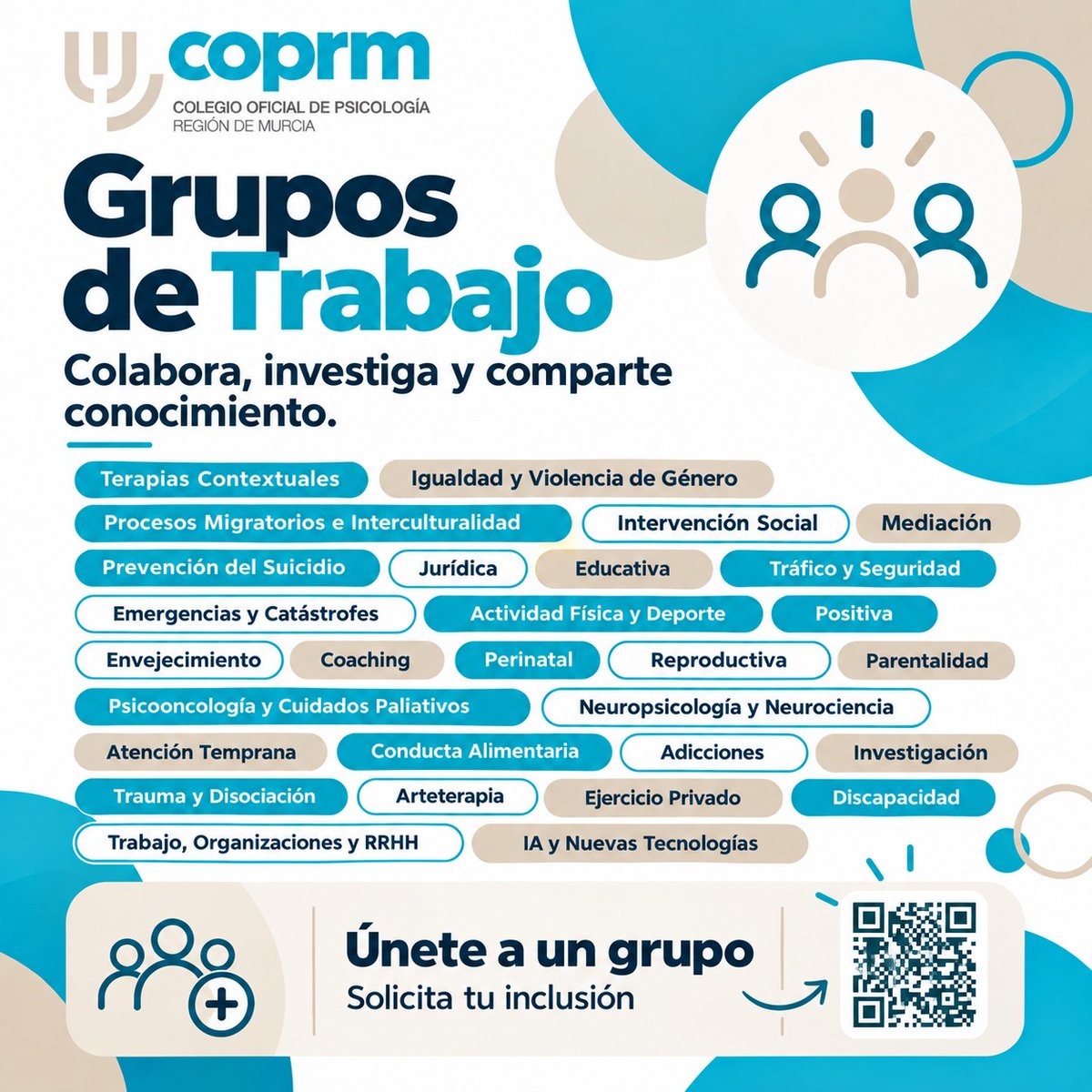 COPsicologia's tweet photo. ¿Quieres aportar, investigar y compartir conocimiento en Psicología?
 ¡Únete a los Grupos de Trabajo del COPRM! . Colegiados/as del COPRM.
💙 ¡Juntos hacemos crecer la Psicología en la Región de Murcia!
#COPRM #Psicología #GruposDeTrabajo #PsicologíaMurcia https://t.co/KqAaPExAoN
