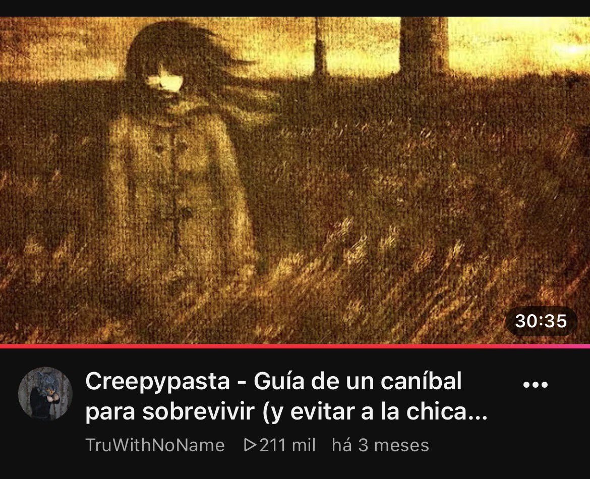 TSlendyman's tweet photo. Terminei finalmente de ler o “GUIA DE UM CANIBAL”
E devo dizer, outra ótima creepypasta e gosto como diferente de todas, estamos desde o inicio na perspectiva do vilão da história e é curioso como é uma creepypasta detalhada!
É realmente um guia, mas quanto mais você escuta mais perturbador você percebe que as coisas que o antagonista diz são bizarras, enquanto ele fala com uma naturalidade como se estivesse contando algo normal, mas ele esta contando sobre os crimes horríveis e nojentos que ele cometeu!

Alem de que, gostei do Plot da “Garota Fantasma”, ótima historia, recomendo