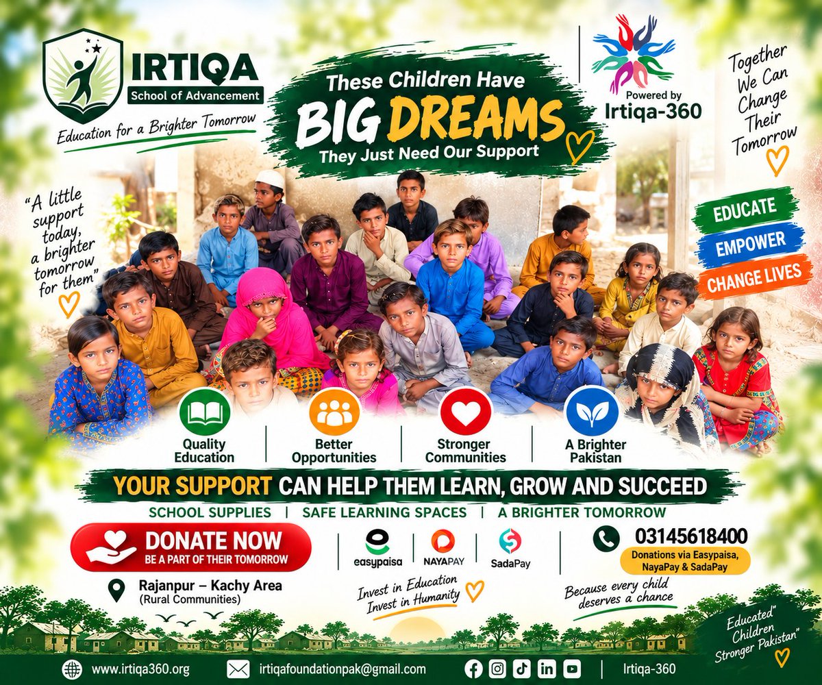irtiqa360's tweet photo. These children are full of hope, talent and dreams—they just need an opportunity. Your support can help provide education, skills and a brighter tomorrow.
#DonateForEducation #EmpowerChildren #Humanity #ChangeLives #RuralEducation https://t.co/n9h8x63hCe