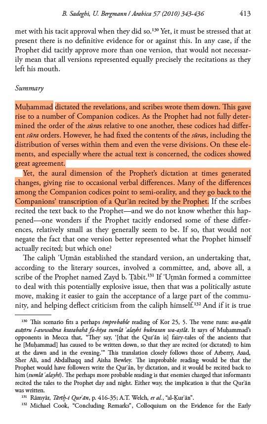 Leafywashere00's tweet photo. The Qurans variant modes of recitation prove its preservation. 

According to Sadeghi & Bergmann Muhammad ﷺ dictated revelation, scribes wrote it down, and the Companion codices ultimately go back to Quranic recensions that were recited by the Prophet himself.

These variants are largely corroborated by manuscript attestation and later qiraat literature that documents them which is exactly what we expect to find on the traditional account which posits that the prophet proclaimed the Quran in 7 ahruf.