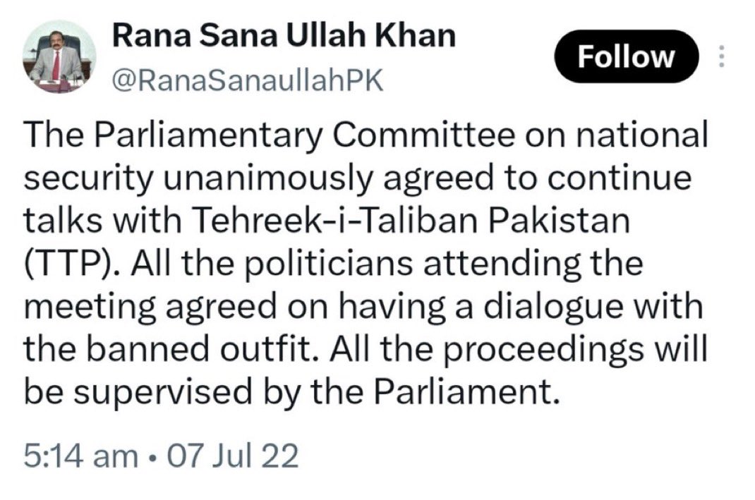 ikstaaanacc's tweet photo. Blaming TTP resettlement on Imran Khan/PTI ignores the actual record. A former PTI federal minister @ShireenMazari1 who was present in the meeting said KP MNAs—including Murad Saeed and Noor-ul-Haq Qadri strongly opposed resettlement, while Imran Khan asked the military leadership to consult elected representatives from the affected areas before any decision.

After PTI left government, Rana Sanaullah himself confirmed in July 2022 that the Parliamentary Committee on National Security had unanimously agreed to continue TTP talks.

This is a security failure that has been years in the making not a PTI policy. PTI representatives opposed resettlement holding PTI solely responsible for decisions involving the security establishment and successive governments is simply scapegoating.