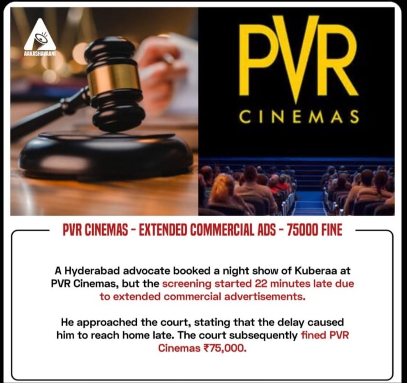 CineChaiTelugu's tweet photo. PVR Cinemas fined ₹75,000!
A Hyderabad advocate complained after his #Kuberaa screening started 22 minutes late due to extended ads. ⚖️🎬 https://t.co/A3R8at8NVQ