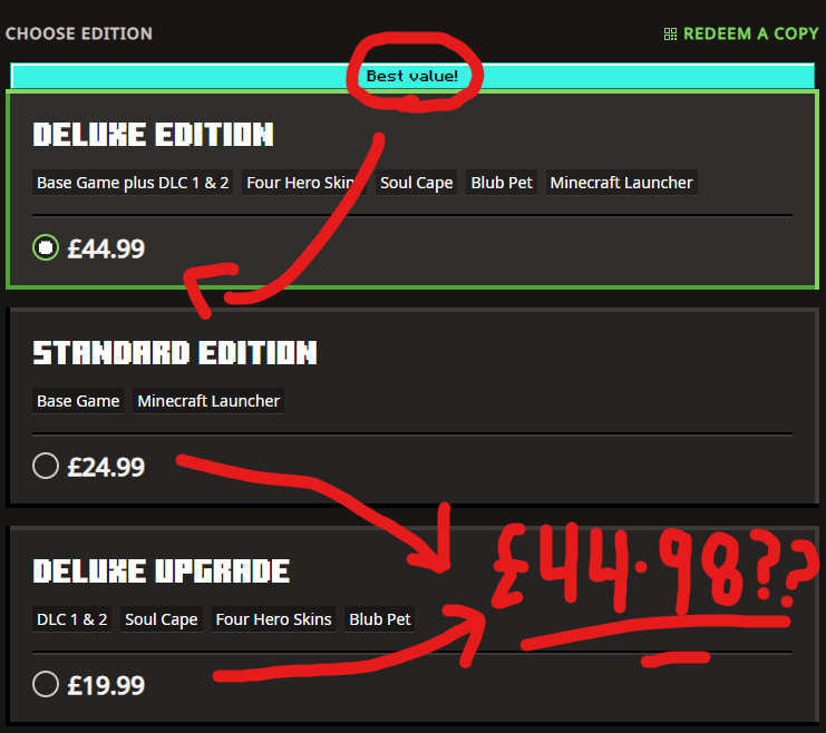 ItsMoloko_'s tweet photo. So I don't think Minecraft knows what "Best value" means... https://t.co/bUy5h5Fvsr