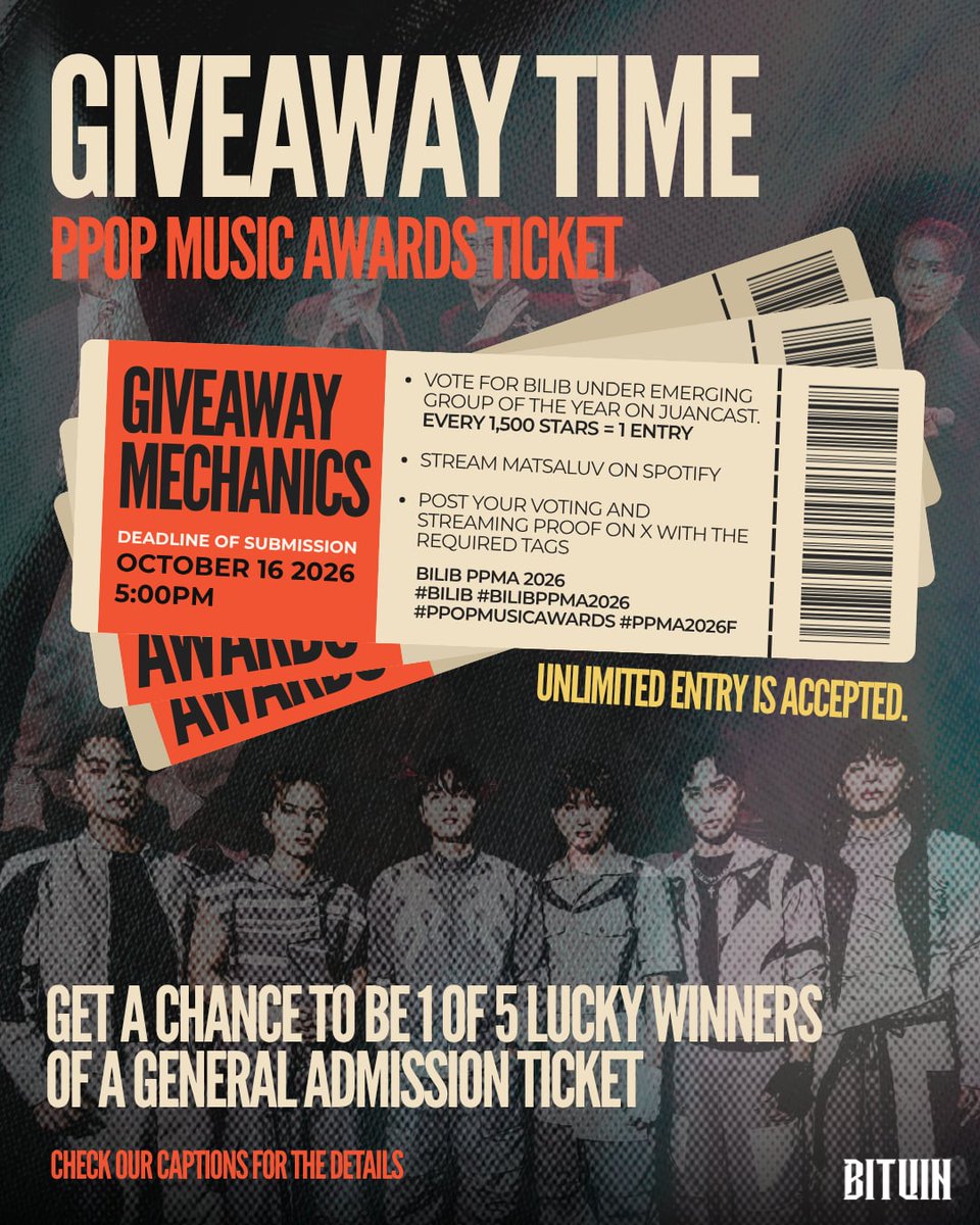 bituinofc_bilib's tweet photo. 🎟️𝙂𝙄𝙑𝙀𝘼𝙒𝘼𝙔 𝙏𝙄𝙈𝙀! 🌠

Ready to witness the PPOP Music Awards live? 

We're giving away 𝐆𝐄𝐍. 𝐀𝐃. 𝐓𝐈𝐂𝐊𝐄𝐓𝐒 𝐭𝐨 5 lucky BITUIN! 🥳

Show your support for BILIB, join the voting and streaming efforts, and get a chance to be part of this exciting celebration! https://t.co/ms29Wf5aNa