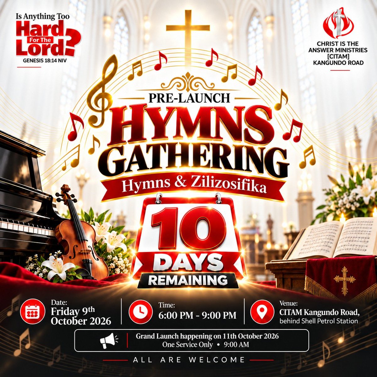 CitamRuai's tweet photo. 10 days remaining to our Pre-Launch Hymns Gathering🥳 

Get ready for an amazing night of worship and timeless hymns as we get ready for the grand launch on 11th October.

See you there!

#citamkangundoroad 
#isanythingtoohardforthelord 
#wherechrististheanswer https://t.co/KhzixA8IyW
