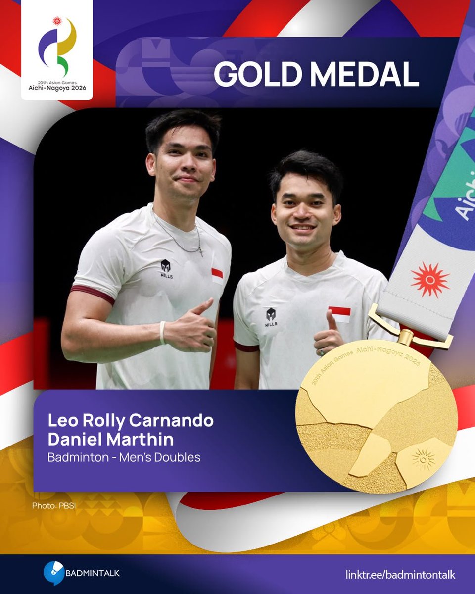 BadmintonTalk's tweet photo. THIRTIETH medal for Indonesia at #AsianGames2026

Badminton - Men's Doubles
🥇Leo Rolly Carnando/Daniel Marthin (INA)
🥈Liang Wei Keng/Wang Chang (CHN)
🥉Fajar Alfian/Muhammad Shohibul Fikri (INA)
🥉 Kim Won Ho/Seo Seung Jae (KOR)

THIRD GOLD FOR INDONESIA!

#AichiNagoya2026 https://t.co/psTh808Fws