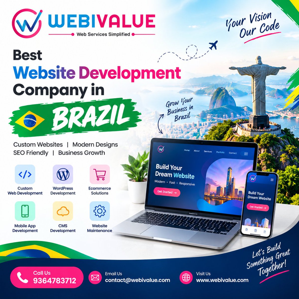 bharathwebivalu's tweet photo. 🚀 Best Website Development Company in Brazil

WebiValue is a digital agency delivering innovative web, app, eCommerce, and digital solutions that help businesses grow online.
📞 Call: 9364783712 
📧 Email: contact@webivalue.com 
🌐 Visit: https://t.co/JuFtnRHhqD https://t.co/2Xlfhi0cOi