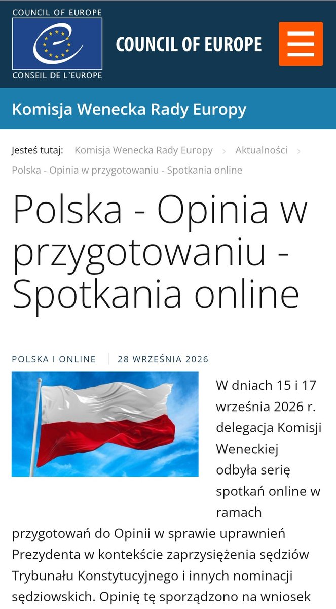 PRAWNICYdlaPOL's tweet photo. 🇵🇱 O definitywnej utracie suwerenności przez Rzeczpospolitą Polskę dowiecie się Państwo z linku w portalach informacyjnych, a nie z obecności obcej armii na polskim terytorium - to też przyjdzie, ale chwilę później.

🇵🇱 Nie miną bowiem dwa tygodnie od dziś, a między 8.-10. października tego roku organ doradczy Rady Europy @coe wypowie się, czy Prezydent Rzeczypospolitej Polskiej @prezydentpl @NawrockiKn posiada prerogatywę powoływania sędziów.

🇵🇱 To ostatntacyjne kwestionowanie nie tylko polskiej Konstytucji, władzy zwierzchniej Suwrena - Narodu polskiego, ale także - poza prerogatywami @prezydentpl - utrwalonego dorobku orzeczniczego @TK_GOV_PL: w tym także tego sprzed 2015. roku.

🇵🇱 Już sam fakt podjęcia tego zagadnienia przez ciało doradcze organizacji międzynarodowej jest niebywałym skandalem, a będzie nim - ku uciesze tutejszych zaprzańców - zakwestionowanie kompetencji @prezydentpl @NawrockiKn w pierwszej dekadzie października.

🇵🇱 Atak na Prezydenta Karola Nawrockiego poprzez siłowe zawłaszczenie Trybunału Konstytucyjnego otrzyma już wkrótce wsparcie ze strony postępowych towarzyszy z Komisji Weneckiej.

🇵🇱 po sędziowskich nominacjach przyjdzie czas na negowanie następnych konstytucyjnych uprawnień Prezydenta Rzeczypospolitej Polskiej.

🇵🇱 Link do pełnego tekstu komunikatu 

⤵️

https://t.co/DR9zavWGZn