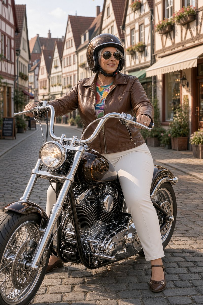 SvenSeifert's tweet photo. Grok Imagine prompt:

Sie sitzt auf ihrem Chopper Motorrad. Lederjacke zugeknöpft und hat Helm und Sonnenbrille auf. Sie wartet zur Weiterfahrt. - mein Traummädel - 😍❤️‍🔥 https://t.co/ARUZnfmXnF