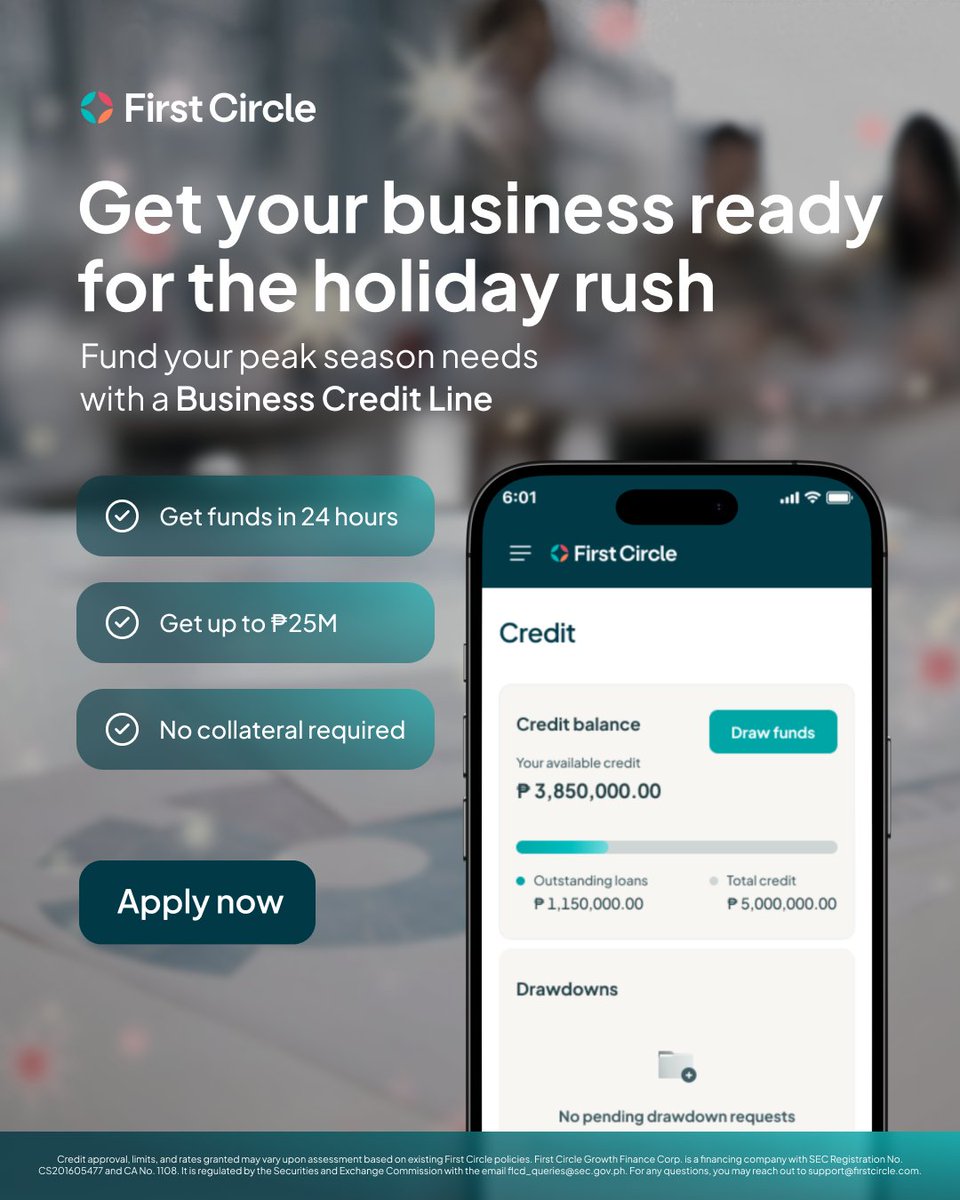 firstcircleph's tweet photo. What if you didn't have to wait for cash to prepare for the holidays? 

Get up to 25M within 24 hours, with flexible repayment options that give you more room to manage your business.

Apply now at: https://t.co/dj2zTAH8n0 

Credit approval, limits, and rates granted may vary upon assessment based on existing First Circle policies. First Circle Growth Finance Corp. is a financing company with SEC Registration No. CS201605477 and CA No. 1108. It is regulated by the Securities and Exchange Commission with the email flcd_queries@sec.gov.ph. For any questions, you may reach out to support@firstcircle.com.