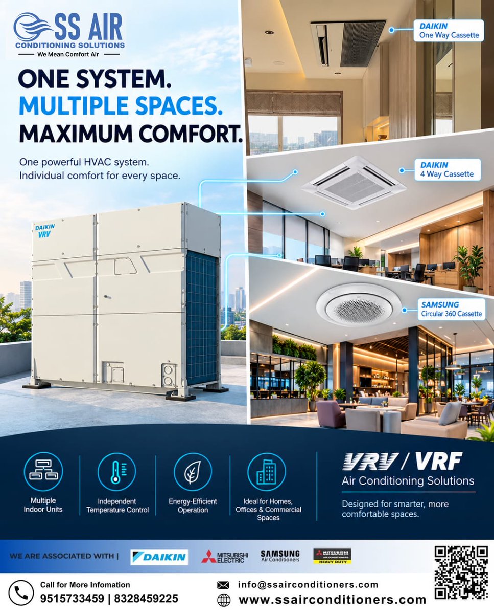 ss_aircon2023's tweet photo. Smart cooling for multiple spaces. ❄️🏢

Explore VRF/VRV air conditioning solutions designed for comfort, efficiency and flexible temperature control.

📍 Hyderabad
📞 95157 33459 | 83284 59225
🌐 https://t.co/Mw9xhkq2wR
#VRF #HVAC #VRV #Hyderabad #CommercialHVAC #CassetteAC https://t.co/2QcbDCuadU