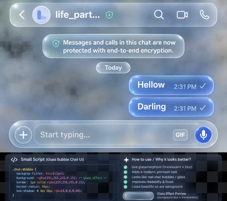 hp_patel_'s tweet photo. Suggestion:
Dear @svembu @MVhandle 
“If #Arattai added transparent chat bubbles with blue glass/#glassmorphism mist and different glass style options for #messaging, the interface would look more modern, premium, and attractive. Users would likely appreciate such a #feature.” https://t.co/cOpJFBzzfQ