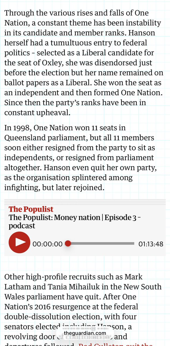 ShiannonC's tweet photo. There have been many articles regarding the lackadaisical infrastructure of Hanson’s One Nation Party & the dubious quality of past MPs, past candidates & current ON MPs. I have written about the history of certain individuals related to ON, as has The Saturday Paper & now the Guardian.

Why write this stuff? Because it’s historical fact & gives us an insight into the inner workings - or nonworkings of One Nation, the collective mindset of participants & the questionable values of those in charge of the party.

Facts & data. Backed up, unlike ON AI online bot rage baiting. If anyone worth their salt & credibility with an ounce of critical thinking skills wants to take it seriously, we should be alarmed at the prospect of a dumb-nation Gina-tangerine dream materialising within cooee of the corridors of power in this country.

The Guardian here writes about the timeline of One Nation instability.

“More than half of the One Nation MPs elected to state and federal parliaments have left the party before the end of their term  - with 28 of the 51 people elected under Pauline Hanson’s banner either resigning midterm or expelled”.

That’s not only a party infrastructure & management problem, that’s a people problem.

What’s wrong with a party who can’t hold onto its people, with an insurmountable number of those people with their own issues & dubious qualities. Is that a party that is remotely capable of governance & creating credible policy to attempt to govern a nation for everyone? So far their track record shows that they are merely interested in power for the perks - & are more than willing to be bankrolled by a billionaire to receive more perks in a likely quid pro quo arrangement of mutual benefit.

“The Guardian analysis shows that One Nation has a history of chaos and instability”.

FACT.

-All 11 ON MPs elected in the 1998 QLD election resigned or left the party. Antony Green has a separate list on his summary of ON representation. 
-David Oldfield, ON cofounder, is expelled from the party.
-All 3 WA ON MLCs leave the party in 2004.
-Rosa Lee Long loses her seat in 2009 QLD election. She was so quiet most of the time we didn’t know she was there. Until she wasn’t.
-Between 2009 & 2015 ON has no elected representatives nationally.
-Hanson after saying she was finished with politics after trying unsuccessfully to get back into politics several times - finally hits the Senate jackpot in 2016.
-Malcom Roberts is also elected in 2016 & then is subsequently disqualified.
-Fraser Anning takes Malcolm’s place & leaves ON 3 days later.
-In 2019 Mark Latham was elected for ON into the NSW Upper House.
-Latham resigned from ON in 2023 and was sacked as ON party leader by Hanson in 2023. 
-Malcolm Roberts gets lucky & gets back into the Senate gravy train in 2019.
-Tania Mihailuk resigned from ON in 2024. She was the last ON MP in NSW.
-Rod Cullerton, ON WA senator quit ON in 2016, “citing “un-Australian behaviour”.
-SA MLC Sarah Game resigned from ON in 2025 citing “problems with the way the party’s brand was perceived”.
-Brian Burston was elected into Fed senate in 2016. After a dispute with Hanson he resigned & joined UAP. He was voted out in 2019.
-Rod Roberts, ON MP elected to NSW Upper House in 2027, resigned from ON in 2023. He is now an Independent. 

This doesn’t include the WA ON defections, departures and defeats over the years, plus the QLD defection from LNP to ON by Steve Dickson - who was subsequently defeated. The story of QLD ON Stephen Andrew who was elected in 2017 is a complicated and drawn-out saga worth looking up. 

I’ve likely missed a few. There are too many to mention - and then there’s the line up of questionable candidates, which I have linked here from a previous post.

This is not misinformation, this is all FACT.  Something that I can guarantee One Nation and their sycophants rarely deal in.

To know a party historically is to know what we would be in for in the future. Pay attention to it.