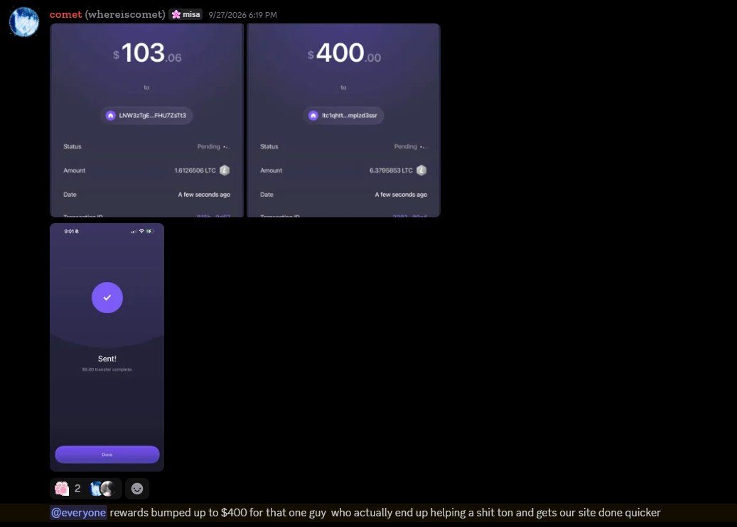 vileslash's tweet photo. [5] It remains unconfirmed whether some developers and bug hunters have received compensation, as Comet posted an image claiming to show a transfer of $503 in Litecoin to an individual via Exodus. However, the authenticity of this image cannot be verified. https://t.co/rzTI0QILPV