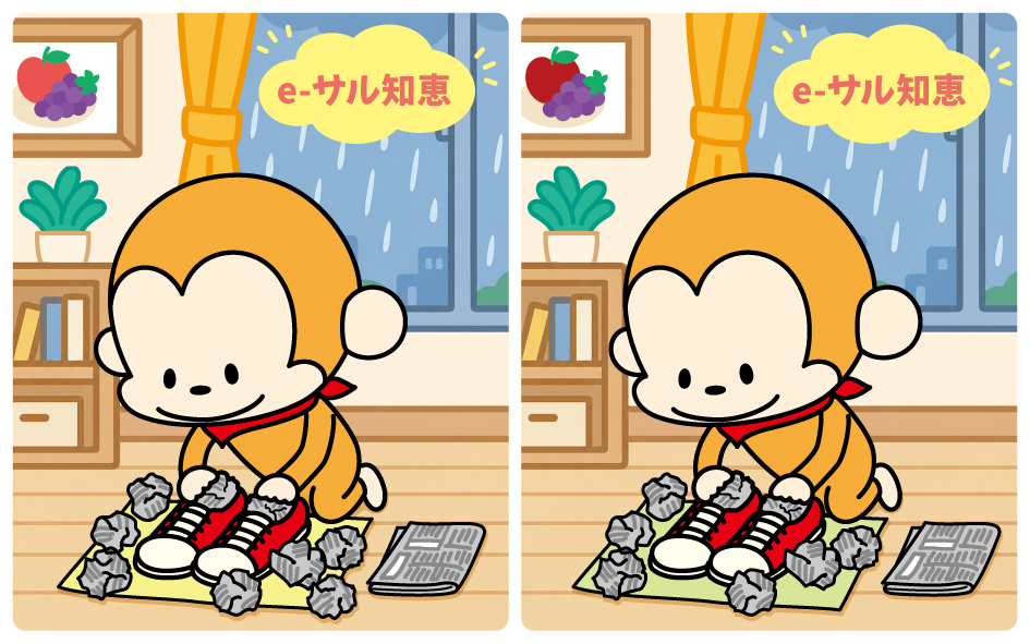 eSal55monkey's tweet photo. 9月は本当に雨が多かったよね💧🌨️

雨で濡れたくつには新聞紙を丸めて入れると
乾きやすいんだって✨
試してみてね☝️

左右の絵の中に６つの違いがあるよ💡
いくつわかるかな❓🐵

#まちがいさがし #豆知識 https://t.co/l0UMVS34I5