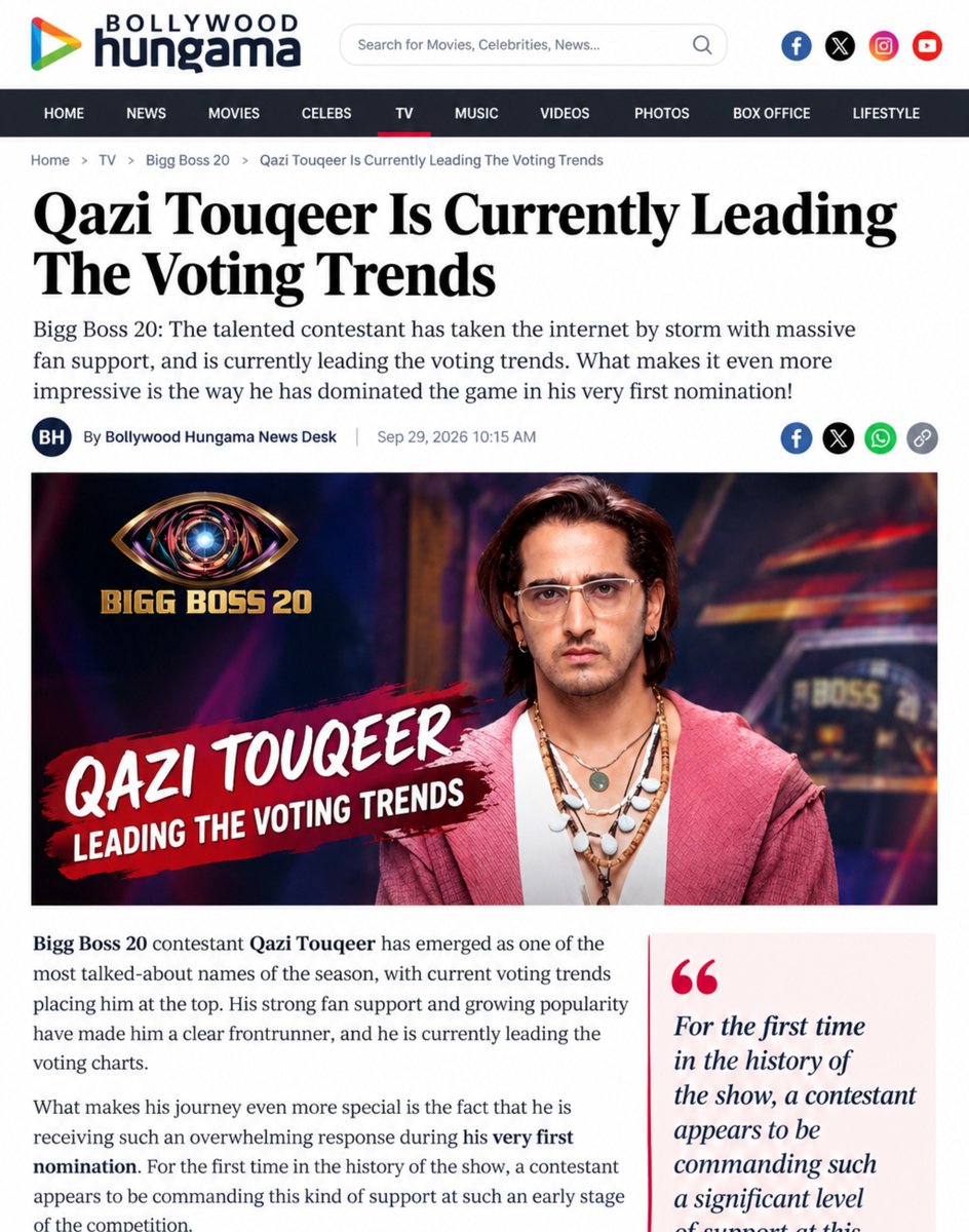 Im_AYAANBB13_'s tweet photo. BREAKING !!!

Bollywood Hungama Facebok Story About #QaziTouqeer 👑

Qazi Touqeer Is Currently Leading Voting Trends 🔥🔥🔥

Qazi Craze Hijacked The Whole Social Media 🔥❤️

UNREAL CRAZE >> 

#BiggBoss20 • #BB20 https://t.co/gscHMoUwAH