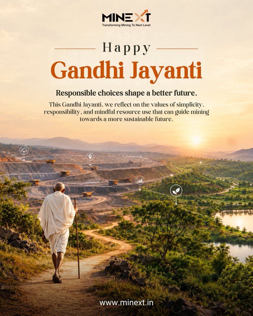 MiNEXT_2025's tweet photo. Responsible choices shape a better future.
This Gandhi Jayanti, we reflect on the values of simplicity, responsibility, and mindful resource use that can guide mining towards a more sustainable future.
Happy Gandhi Jayanti!
#GandhiJayanti #MiNEXT #MiningTechnology https://t.co/FPMDz1Uq4d