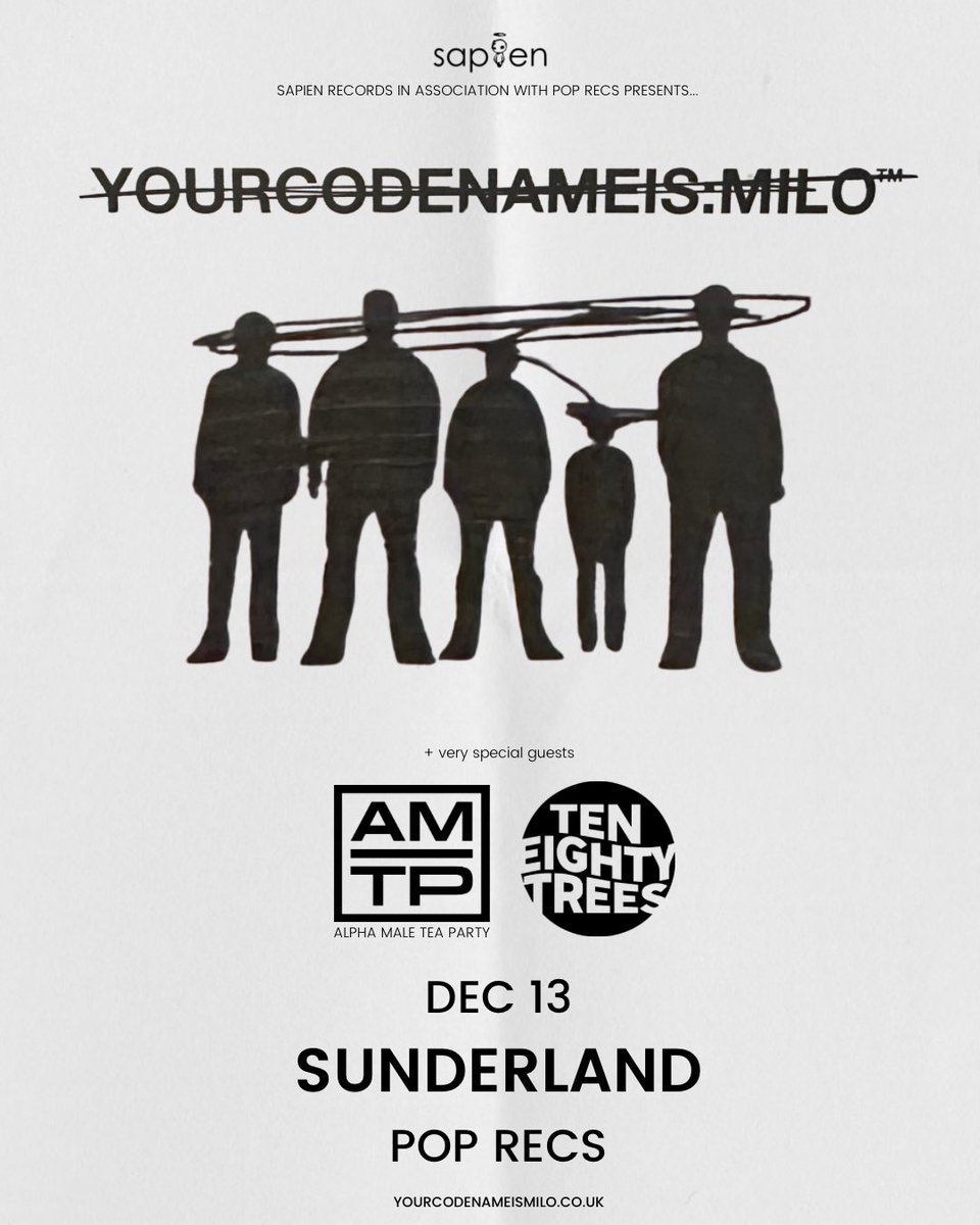 SapienRecords's tweet photo. .@YCNIMband +very special guests @alphamaleTparty & @TenEightyTrees Sunderland Dec 13th @poprecsltd
๐๏ธ https://t.co/ni6xsncse4
.
.
.
#poprecs #alphamaleteaparty #teneightytrees #sapienrecords #yourcodenameismilo https://t.co/zRp7moxt0h