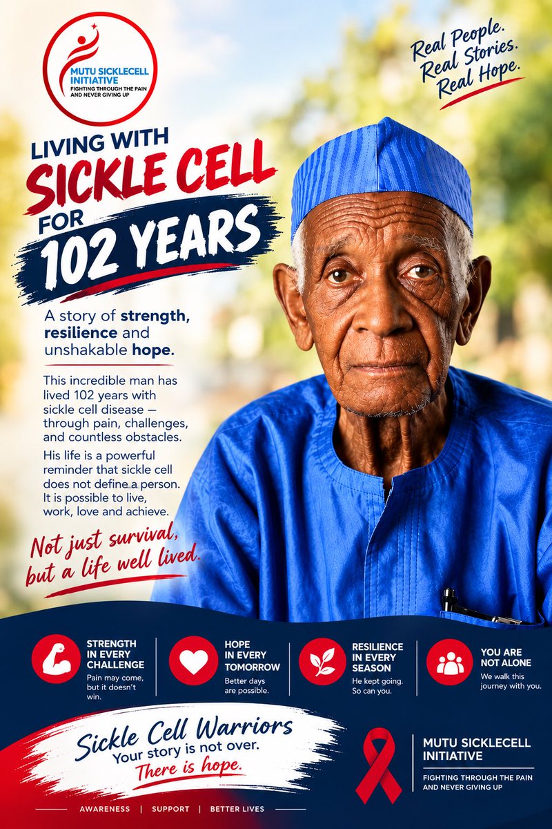 MUTUSICKLECELL's tweet photo. 102 years living with sickle cell disease.

One life. Countless challenges. Extraordinary resilience.

His story is a powerful reminder to everyone living with sickle cell that there can still be hope, purpose and many chapters ahead.

Diagnosis shouldn’t define ur life !!! https://t.co/KSBsFkr3g7