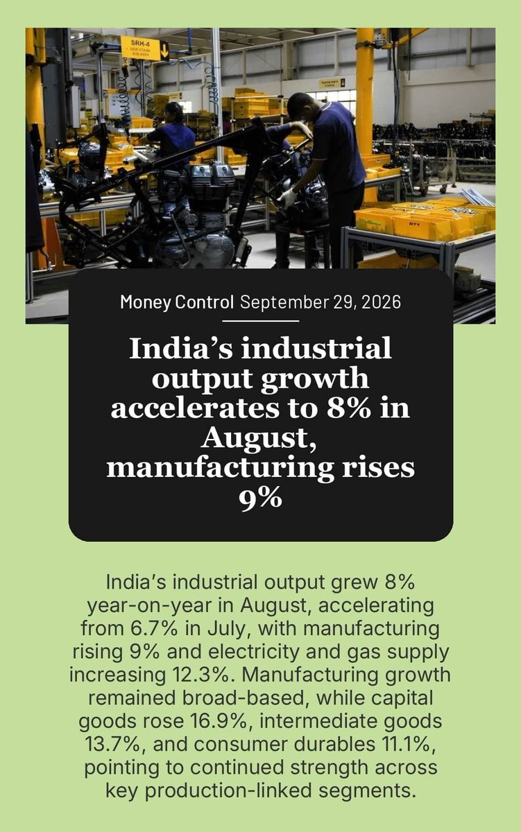 IndEmbDoha's tweet photo. India’s industrial output growth accelerates to 8% in August, manufacturing rises 9%

https://t.co/ypxV4WxREo

via NaMo App https://t.co/9vKiQV2nvt