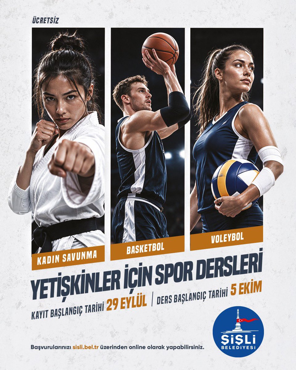 sislibelediyesi's tweet photo. Spor Şişli’de güzel. 🏀🏐🥋

Yetişkinlere yönelik kadın savunma, basketbol ve voleybol derslerimiz için kayıtlar başlıyor.

📅 Kayıt başlangıç tarihi: 29 Eylül Salı
🏃 Ders başlangıç tarihi: 5 Ekim Pazartesi
💻 Online kayıt: https://t.co/OefoPCE4MY
📌 Ücretsizdir. https://t.co/05GOEkXQEU