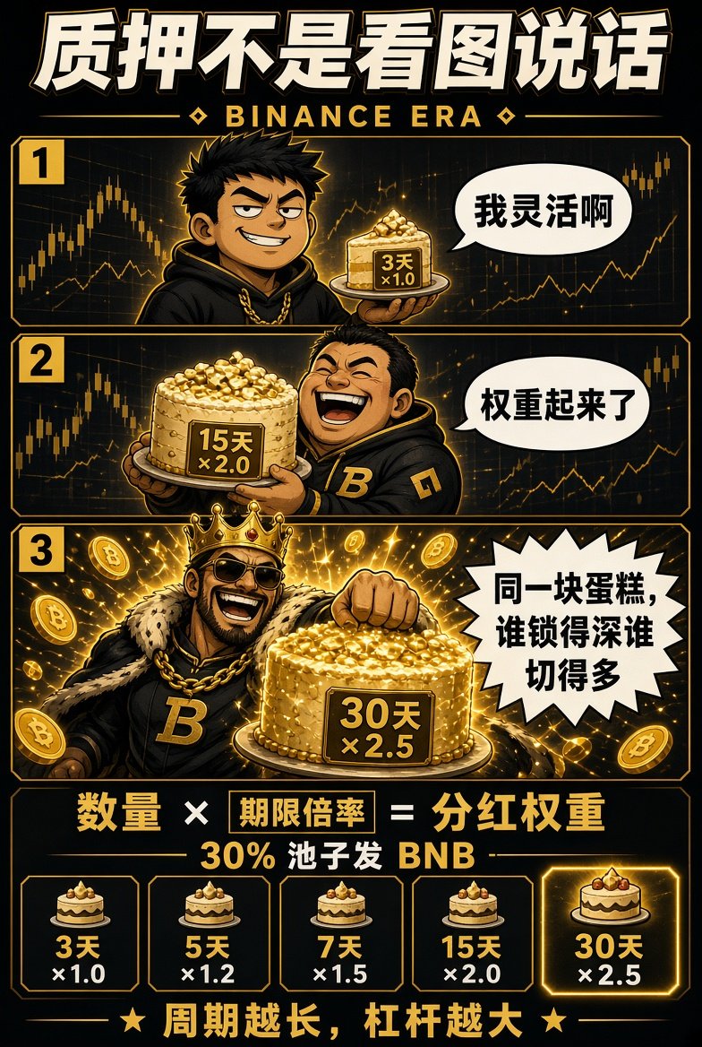 Binance_Era_'s tweet photo. 质押不是看图说话
数量 × 期限倍率 = 分红权重
3天×1.0 / 5天×1.2 / 7天×1.5 / 15天×2.0 / 30天×2.5
按权重从 30% 池子拿 BNB
周期越长，杠杆越大
同一块蛋糕，谁锁得深，谁切得多 https://t.co/SgdBofs5Zg