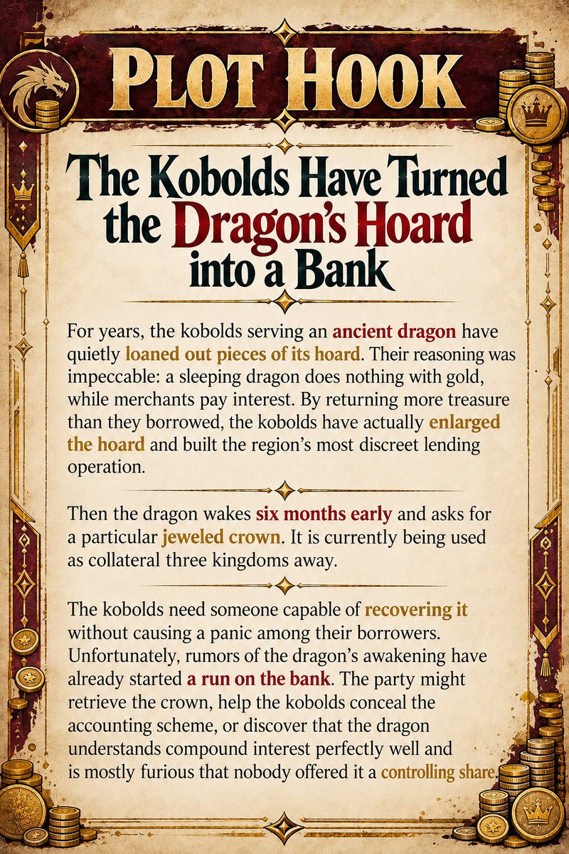 OneManRPGstudio's tweet photo. Plot Hook #9

Find this and many more Plot Hooks at One Man [RPG] <studio>:

https://t.co/UbAA5fNXUW

#dnd #dnd5e #dungeonsanddragons #ttrpg #dungeonmaster #dndhomebrew #PlotHook https://t.co/5ueDecYyHz