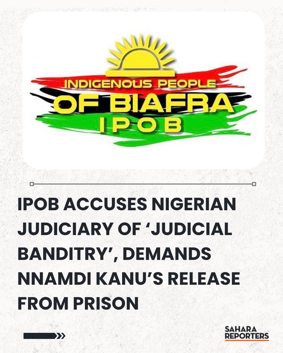 SaharaReporters's tweet photo. IPOB Accuses Nigerian Judiciary Of ‘Judicial Banditry’, Demands Nnamdi Kanu’s Release From Prison | Sahara Reporters https://t.co/IKOI1UvZzx https://t.co/gpMFZavEFf