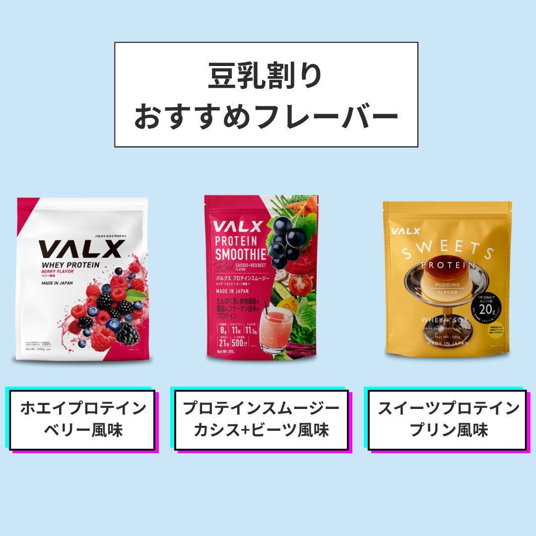 valx_official's tweet photo. ／
VALXのプロテインは水以外で割っても美味しい📣
＼

今日は「豆乳」「アーモンドミルク」割りが
おすすめのフレーバーをご紹介♪

皆さんもぜひおすすめのフレーバーや
割り方を教えてください👇