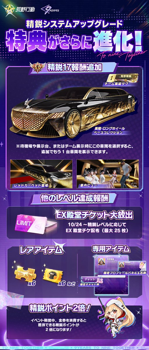 GAME_KNIVES_OUT's tweet photo. 🚀精鋭システムの特典が進化！

👑精鋭17開放
車内ビュー機能付きセダン、チーム集結タグを獲得！

🎁報酬追加
銃器チップ·高級、衣装チケット（Lv6）、
コーデ・スロット拡張カードなど！ 

🎟️豪華プレゼント
精鋭レベルに応じてEX殿堂チケットGET！

🔥期間限定
精鋭ポイント獲得量が2倍！ https://t.co/s6RclzACxw