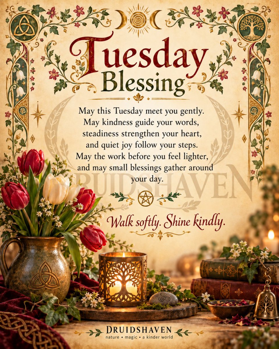 Druidshaven's tweet photo. A Tuesday blessing:
May your mind be calm.
May your heart stay steady.
May your work feel lighter.
May kindness guide your words.
May small blessings find you before the day is done.
Walk softly. Shine kindly. ✨
#Druidshaven #TuesdayBlessing #GoodEnergy https://t.co/nm3r9ACSRa