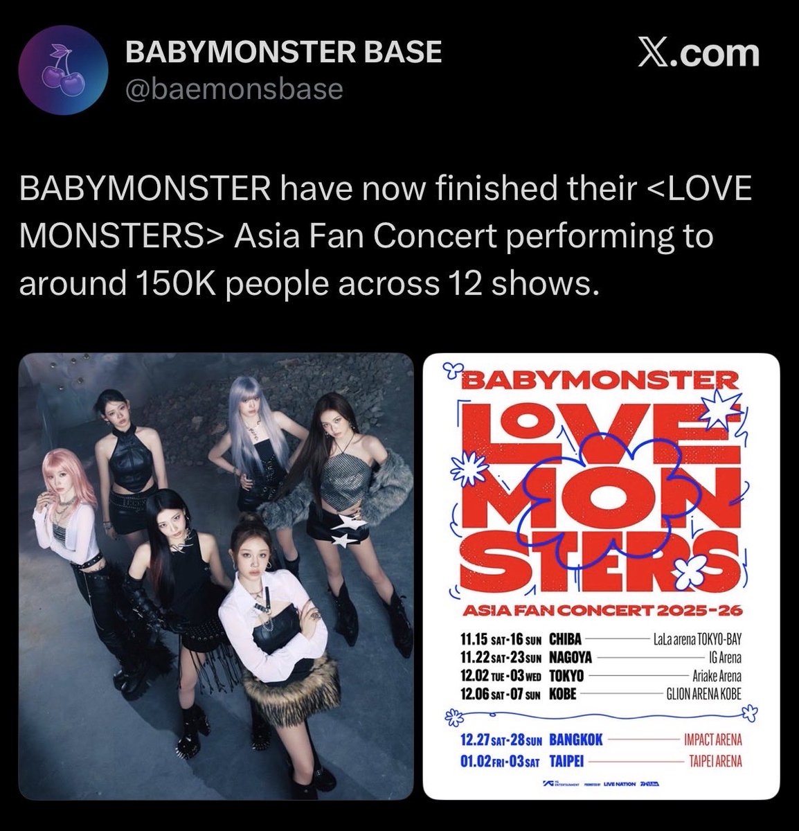 pinksbabymon's tweet photo. the difference between the two during their fan tours is actually diabolical 😭

babymonster - 150k / 12 shows 
average - 12.5k

illit - 20k /8 shows 
average - 2.5k https://t.co/uuq2aw8iVo