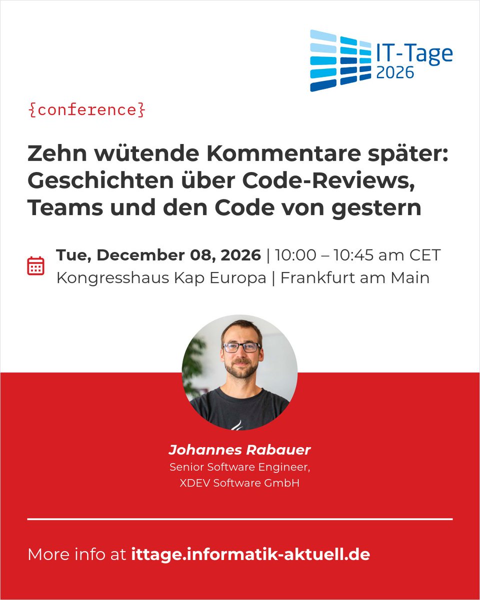 XDEVSoftware's tweet photo. Code reviews that build trust instead of frustration 🔍 At IT-Tage in Frankfurt, @JohannesRabauer shares what he has seen in Java teams working on established codebases, and how they improved quality without burning people out.

Get your tix for #ITTage now.

#Java #CodeReview https://t.co/WPzQ66ih2s