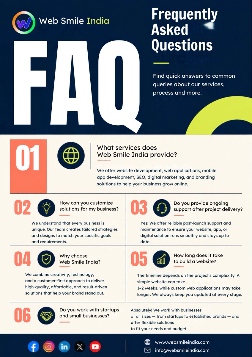 websmileindia's tweet photo. 💭 “How long does a website take?”
💭 “Do you provide support after launch?”
💭 “Can you customize the solution for my business?”

We hear these questions often! 😄

So we've put our most frequently asked questions in one place. 👇

📩 Have another question? Ask us below! 👇 https://t.co/17BQ8RhI85