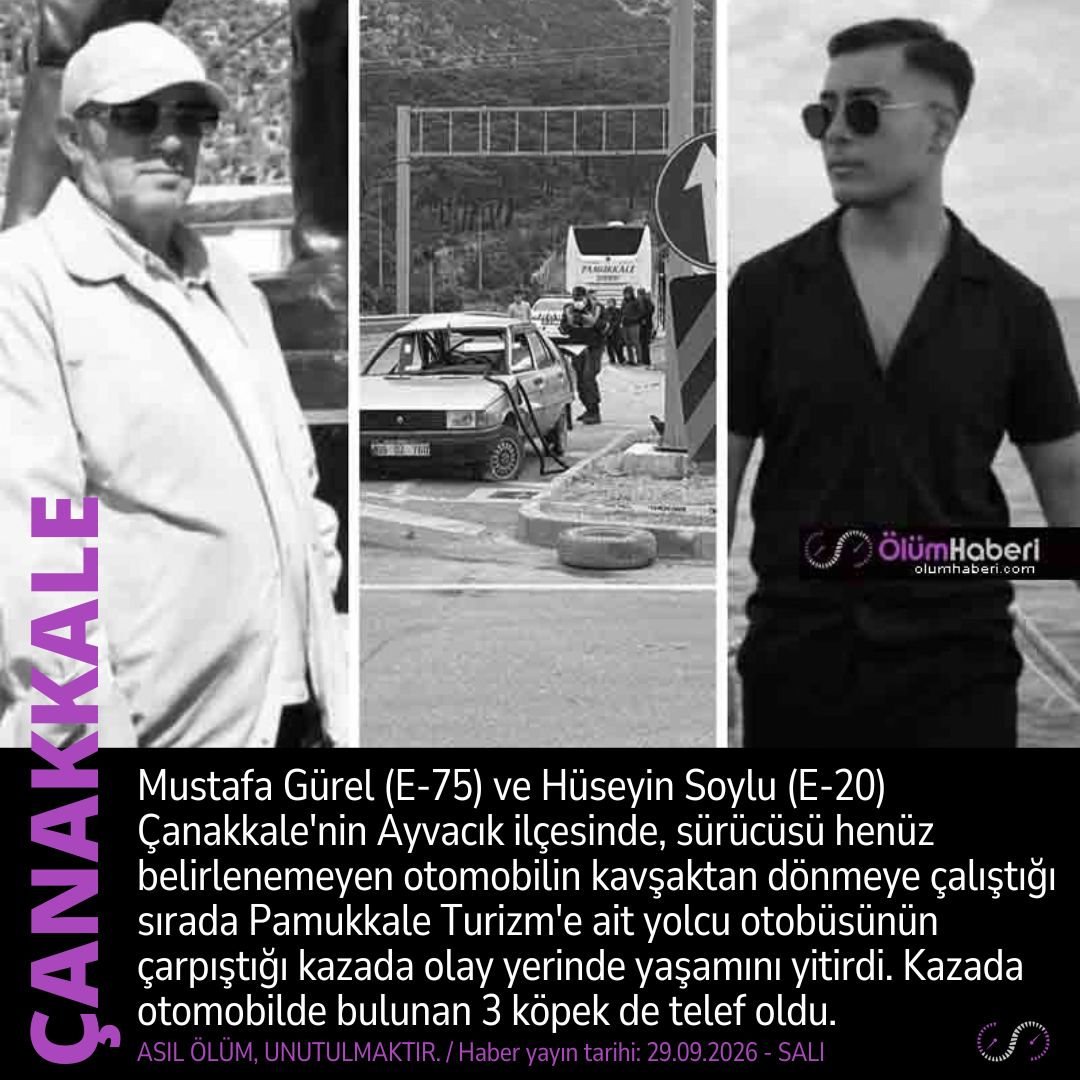 OlumHaberi's tweet photo. Mustafa Gürel (E-75) ve Hüseyin Soylu (E-20) Çanakkale Ayvacık’ta, otomobil ile yolcu otobüsünün çarpıştığı kazada yaşamını yitirdi.
https://t.co/BInlD0DKDE
#MustafaGurel #HuseyinSoylu #Canakkale #Ayvacık #vefat #cenaze #Edremit #Balikesir #kaza #trafikkazası https://t.co/L9hzYxXA2w