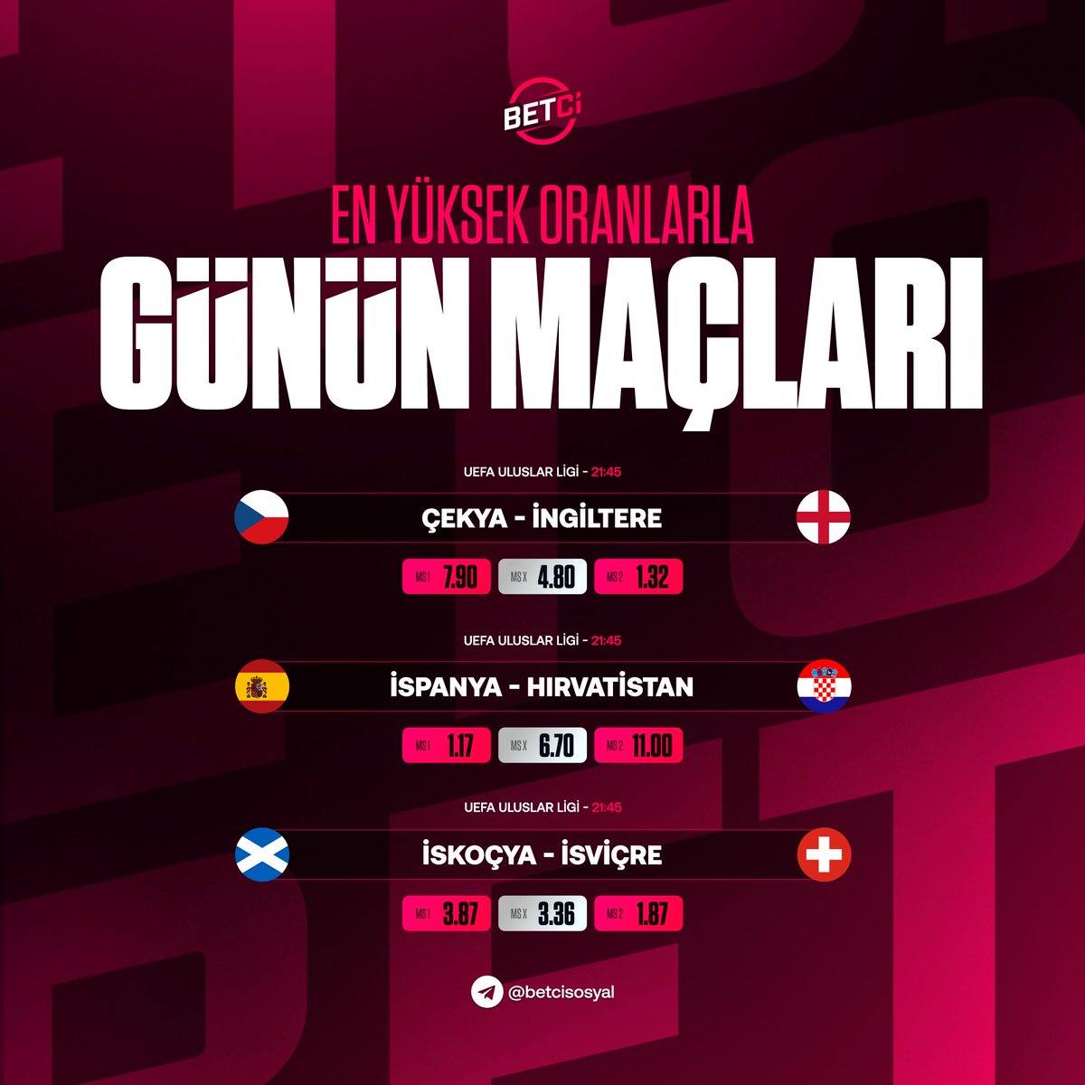 bettcsosyl's tweet photo. ⚽️ Günün Maçları !

🔥 Çekya - İngiltere
🔥 İspanya - Hırvatistan
🔥 İskoçya - İsviçre

En heyecanlı karşılaşmalar ve en yüksek oranlar her zaman Betci’de! https://t.co/VPx26e8la7